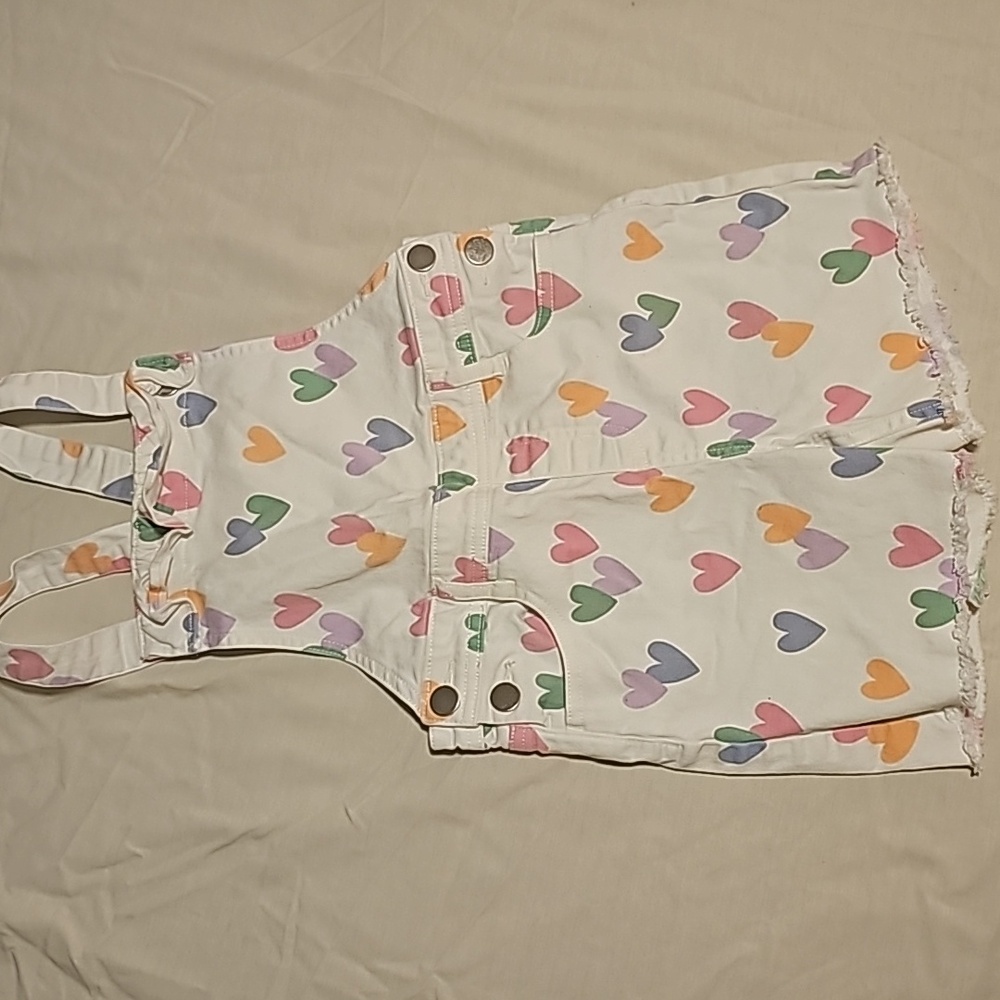 Little Girls Size 6 White Overalls Short With Colorful Hearts